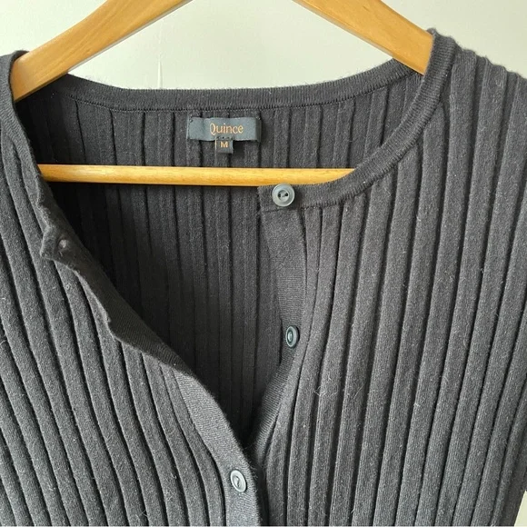 Quince Black Ribbed Button Cardigan Size M - Picture 2 of 5